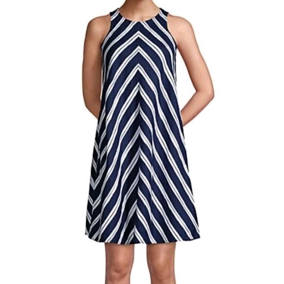 Lands' End Size Medium Womens Blue White Striped Sleeveless Linen Swing Dress - Picture 1 of 7